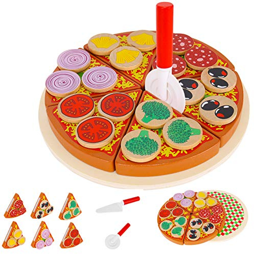 KRUZZEL Pizzaset trätillbehör för barnkök och köpbutik inklusive skärbräda och pizzaskärare 27 delar 22471