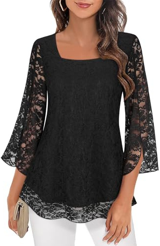 Syphiby Blusas de mujer con manga de 3/4, volantes, estilo túnica, sueltas, de gasa, cuello cuadrado, de doble capa, de malla, M-3XL, Encaje negro., XXL