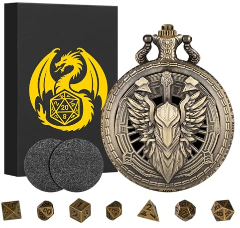 Mini DND Dice Set Steampunk Hollow Paladin Knight Warrior Pocket Watch Shell Case, 7pcs Polyhedral Metal D&D Dice Set, DND Gifts with Gift Box, Role Playing Board Games Accessories