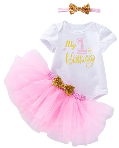 Winmany Bébé fille premier anniversaire vêtements 3PCS arc bandeau mon 1er anniversaire barboteuse tutu jupe gâteau smash tenue ensemble pour séance photo