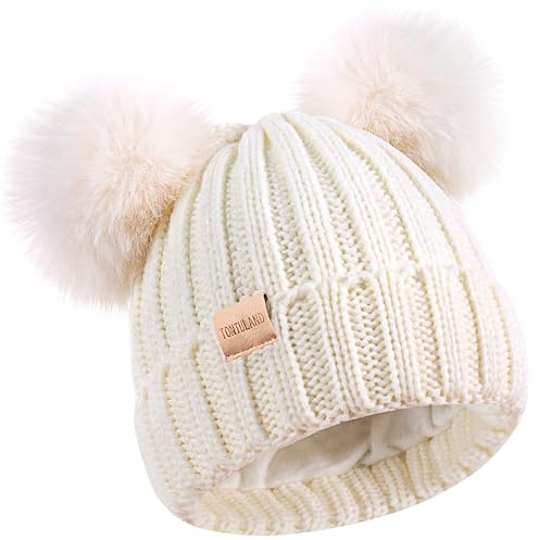 Kids Winter Beanie Hat Warm Ski Caps with Pompom Fleece Lined Children's Knit Hat for Boys Girls White