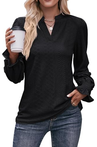 Bipily Camiseta Mujer Manga Larga Cuello V Sólido Manga Hueca Burbuja Camisa de Punto Camisetas Holgada Túnica Top (Negro,S)