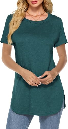 Teesho Maglietta a maniche lunghe da donna, elegante, in cotone, casual, a maniche lunghe, Maniche corte verde scuro, XL