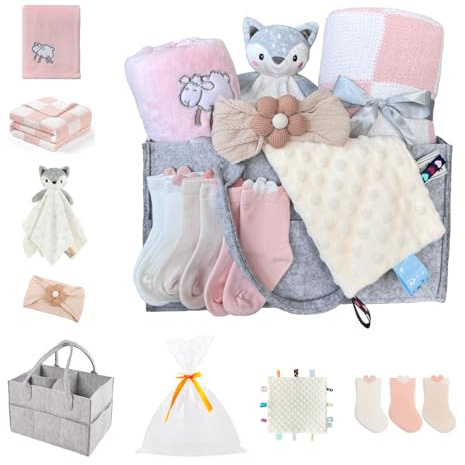 CREVENT Set för flickor – blöja Caddy organiseringskorg med 2 filtar, 1 taggie, 1 Lovey, 3 strumpor, 1 pannband, 1 presentpåse med band – nödvändigt presentset för nyfödd (rosa)