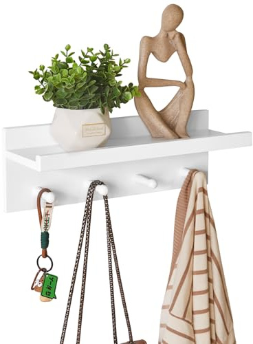 Aibiju Wandgarderobe mit Ablage, Kleiderhaken aus Holz mit Wandregal, 40 cm Wandregal, Schlüsselhalter für den Eingangsbereich, für Badezimmer, Küche, Kleiderhaken, Weiß YD-WS0240W