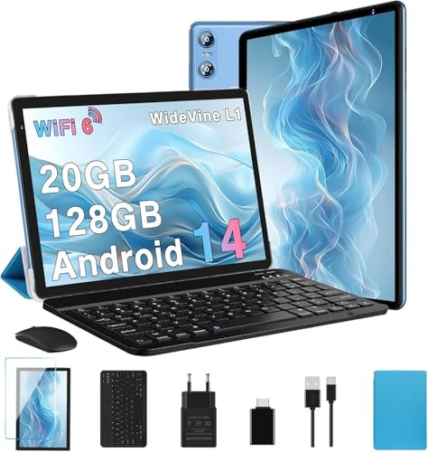 2026 Dernier Tablette 10 Pouces Android 14 avec Gemini AI, 20GO RAM + 128Go ROM, Octa-Core, 5G WiFi 6, Widevine L1, GMS, GPS, BT 5.0, 6000mAh, 5MP+8MP, Tablette avec Clavier+Souris et Cas - Bleu