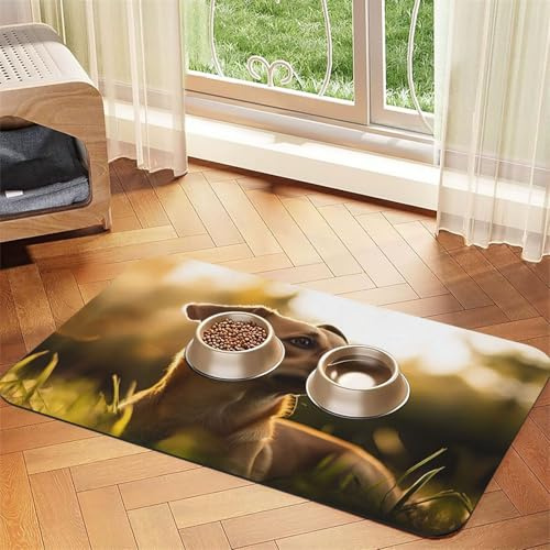 Il cane in piedi sull'erba sotto il tramonto tappetino per l'alimentazione di animali domestici cane gatto mangiare cibo assorbente tovaglia in pelle per ciotola d'acqua impermeabile senza macchie