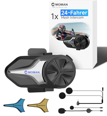 Moman CPX Motorcycle Group Mesh Intercom, 24 Riders Mesh Communication System BT5.4 Helmet Speaker Headset 2000M with Audio Multitasking/Music Share/AI Noise Reduction/Hi-Fi Stereo/Waterproof, 1 Pack