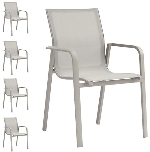 Gruppo Maruccia - Set 4 Sedie per Esterni con Braccioli - Struttura Impialbile in Alluminio - Seduta in Textilene Beige - Arredamento Giardini, Ristoranti, Bar