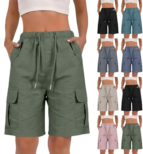 Générique Short Femme Grande Taille Short Femme Ete Lin Coton Cargo Baggy Travail avec Poches Léger Décontracté Shorts Et Bermudas Taille élastique Noir Bermuda Randonnée Fluide Long été