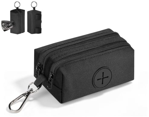 1 Distributeur Sac a Crottes Chien Porte Sac a Caca pour Chien en Canvas Sac Dejection Canine avec 2 Poches Support de Sac Crottes Chiens Accessoires pour Marche Randonnée Promenade(Pure-Noir)