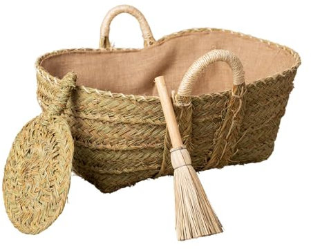 Cestería Aparici – Leñero de Esparto Forrado con Yute y Arpillera para Guardar y Transportar Leña con Escobilla y Aventador Incluidos (53x35x20 cm)