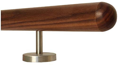 Nussbaum Geländer Handlauf Treppe Holz Griff gerade Edelstahlhalter, Länge 30-500 cm aus einem Stück/zum Beispiel Länge 400 cm mit 5 gerade Halter - Enden =Halbkugel gefräst