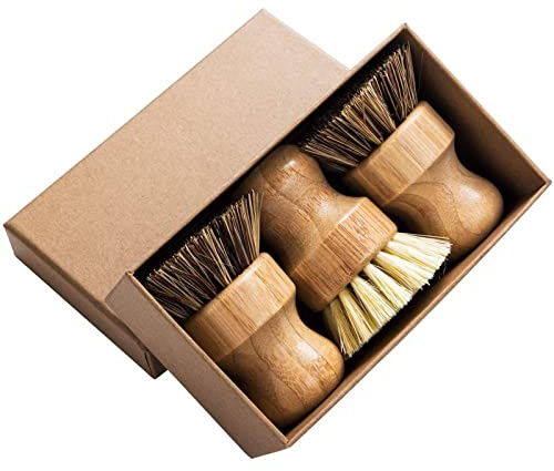 Palm Pot Brush- Bamboo Round 3 Packs Mini Dish Brush Natural Scrub Brush Durable Scrubber Cleaning Kit with Union Fiber and Tampico Fiber for Cleaning Pots, Pans and Vegetables
