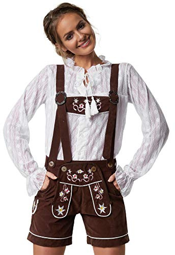 dressforfun 900801 Damläder tysk lederhose med hängslen, färgglatt broderi, brun - olika storlekar (XXL | Nr 302809)