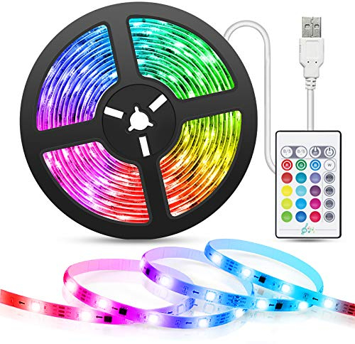 TASMOR 5M USB Powered LED Light Strip, RGB LED Strip Light with Remote, Music Sync, 4 Dynami Modes 16 Colors Dimmable, TV LED Backlight for Bedroom, Party, Kitchen, PC