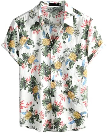 VATPAVE Mens Hawaiian Shirt Short Sleeve Button Down Shirts M WhiteP
