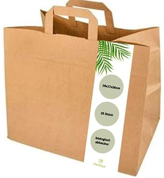 DeinPack 25 Papiertüten 26 x 17 x 26 cm I Umweltschonende Papier Tragetaschen Geschenktüten Papiertragetaschen biologisch abbaubar, kompostierbar I braune Papier Tüten
