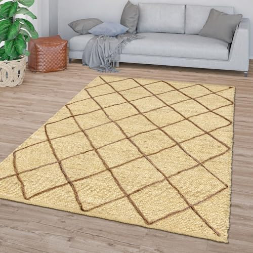 TT Home Wohnzimmer Teppich Jute Kurzflor Wohnzimmerteppich Natur Modern Boho Handgemacht, Farbe:Creme, Größe:60x100 cm