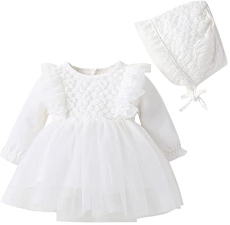 DAY8 Robe Bebe Fille 0-18 Mois Automne Robe Princesse Bebe Fille Hiver Robe Ceremonie Mariage Bebe Fille Fluer Manche Longue Robe Tutu Tulle Ensemble Bebe Fille Robe + Chapeau