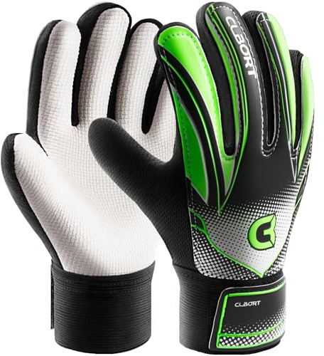 Clbort Soccer Goalie Gloves Youth Kids, Goalkeeper Gloves with Super Grip Palms, Anti-Slip Soccer Gloves, Double Wrist Protection (Green, Size 5 Suitable for 5 to 8 Years Old)