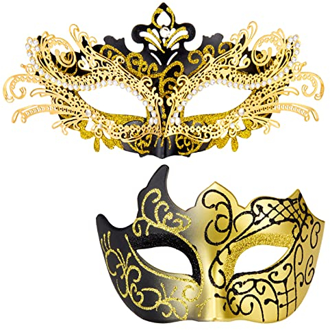 MYSEUNI Goldfarbene Maskenmasken für Paare – glänzende Strass-Metallfiligrane venezianische Maske und venezianische Herrenmaske für Karneval