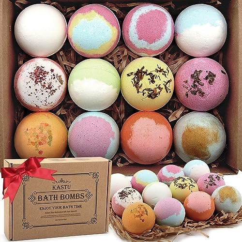 KASTU Bath Bombs Salt Balls,12 PCS Gift Set,Vanilla Menthol Rose Extract Essential Oils,Moisturizing Dry Skin,Fizzy Spa,Relaxing,Bubble Bath Bomb Gifts Idea for Men Women