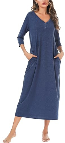 Leversic Women's Long Nightdress 3/4 Sleeve Cotton Long Nightgown Button V Neck Soft Nighties Loose Fit Women’s Dressing Gown With Pockets(Dark Blue,XXL)