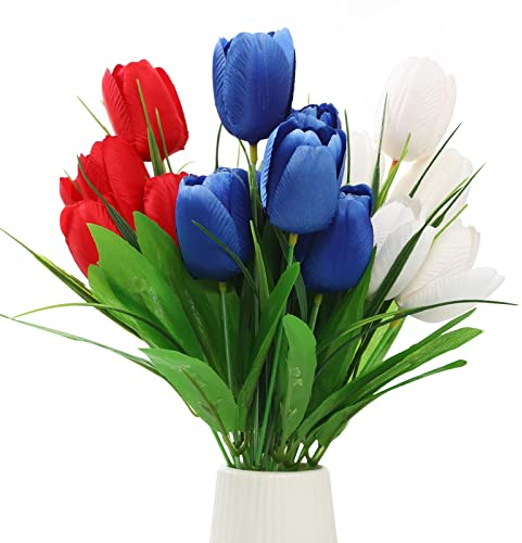 Mokylor Lot de 3 Bouquets de Tulipes Artificielles pour Décoration du Jour de L'indépendance, 30,5 Cm, Simulation de 18 Têtes, Rouge, Blanc, Bleu, Tissu en Soie, Bouquet de Fleurs pour la(#1)
