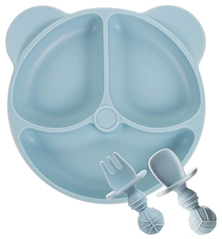 Lanjue Baby Suction Plate, Silicone Toddler Plates Baby Weaning Plate Divided Dishes with Spoon Fork for Self Feeding Training, Dishwasher & Microwave Safe (Blue)
