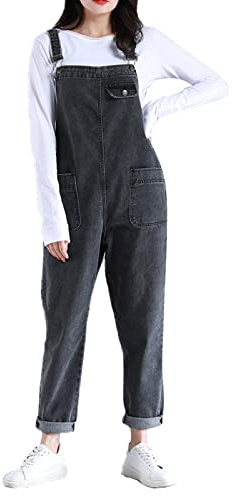Jamron Dam Plus Size Stretch Hängselbyxor Jeansoverall Långa Jumpsuits Playsuits Jeansbyxor Grå M