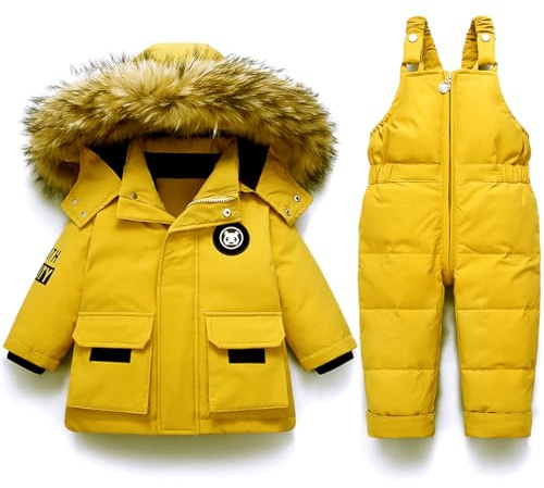Toddler Snowsuit 2 Pieces Winter Outfit Baby Girl Hooded Puffer Down Jacket Coat with Snow Bib Pants Boys Ski Suit 4-5 T