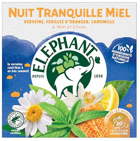 Elephant, Infusion Nuit Tranquille Miel, Goût Verveine, Feuille d'Oranger et Camomille, Ingrédients d'Origine 100% Naturelle, 20 Sachets Pyramid