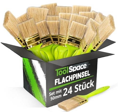 ToolSpace 24er Set Flachpinsel - 50 mm - Flachpinsel - Ergonomischer Kunststoffstiel - Naturborsten mit Synthetikhaarmischung - Dichte Borsten - Für alle Farbtypen