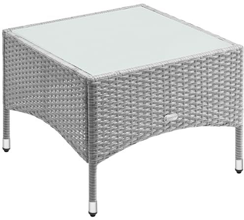 Casaria® Beistelltisch Polyrattan Grau 58x58cm Wetterfest Höhenverstellbar Outdoor Glasplatte 80kg Belastbarkeit Garten Balkon Terrasse Lounge Tisch