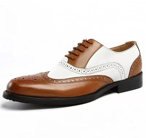 SayfuR Chaussures Oxford habillées for Hommes à Lacets Brogue en Relief Bout d'aile Chaussures Oxford Bicolores en Cuir PU Semelle Basse en Caoutchouc Talon Bloc Antidérapantes(Marron,43 EU)