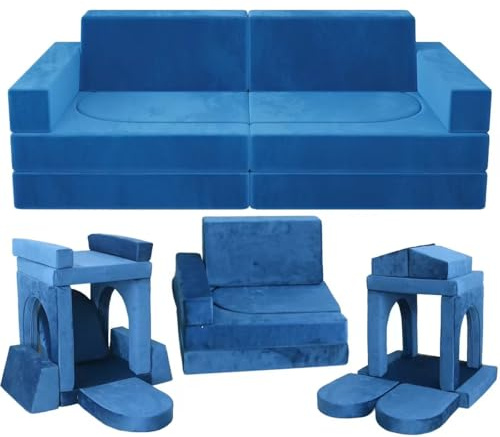 Frxeyaliz 10Pcs Modular Kids Play Couch Convertible Building Fort Sofa and Cushion Child DIY Floor Sofa for Sleeping Playroom Bedroom for Boys and Girls (Blue)