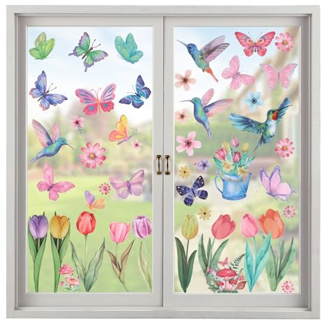 OCCOUMR 8 st fönsterbilder, dubbelsidiga blommor, klistermärken fönsterklistermärken blommor fåglar fjärilar fönsterdekaler vår fönsterklistermärken för fönsterdekoration