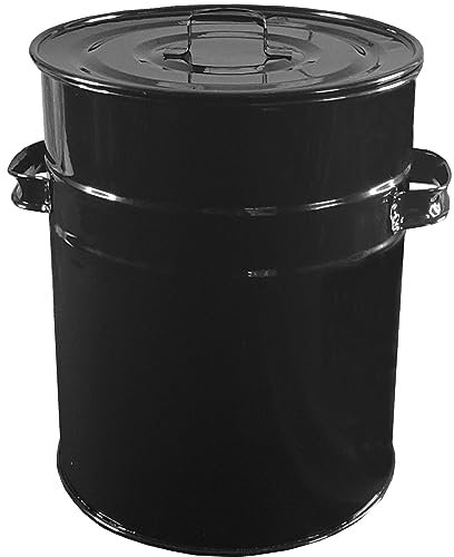 30L Black Ash Bin Bucket with Flat Lid & Handles for Fireplaces Fire Pits Wood Coal Burning Stove Metal Charcoal Bin Box Outdoor or Indoor 30 Litre - Gloss Black
