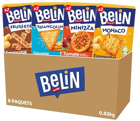 BELIN - La Boîte Apéritif 8 Paquets de Crackers Belin - 2 Feuilleté Emmental, 2 Triangolini Sésame, 2 Minizza Tomate, 2 Monaco Emmental - Lot de 0,82kg