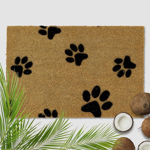 Astra Felpudo exterior huellas de patas de coco 40x60cm natural - 16mm Felpudo de fibra de coco para interior y exterior - Puerta antideslizante - Alfombrilla muy resistente