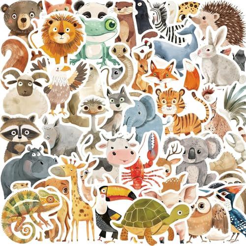 InteDesign 100 Stück Unikate Illustration Tiere Aufkleber, Tier Sticker Set für Kinder, Süße Kinder Tier Sticker, Vinyl Wasserfest & Robust, für Laptop,Wasserflasche,Skateboard,Auto & Mehr (Stil 1)