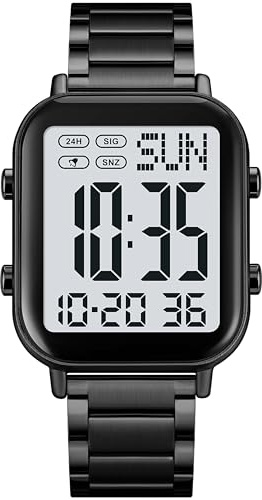 findtime Reloj Digital para Hombre, Reloj Digital con Cifras Grandes, Reloj de Pulsera Digital para Seniores, Negocios, Reloj de Pulsera Digital de Metal para Hombre, Reloj de Lujo LED, Hora Dual