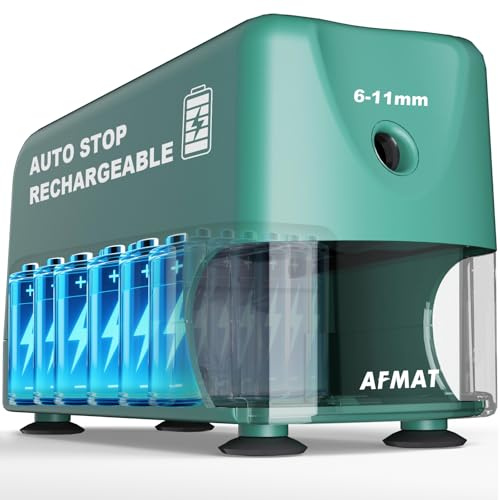 AFMAT Taille-crayon électrique haute performance - Auto-Stop - Rechargeable - Avec récipient - Pour crayons de 6 à 11 mm - Pointe rapide en 2 secondes - 10 000 opérations de taillage - Vert