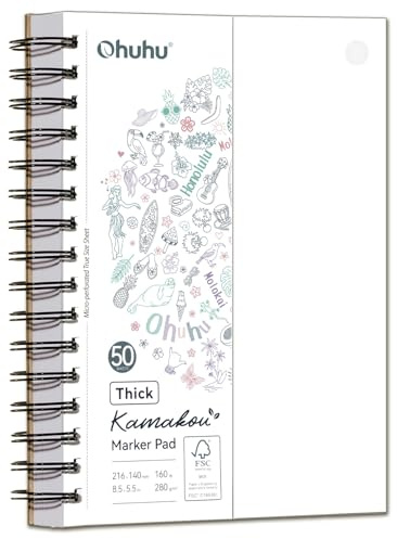 Ohuhu Cuaderno de Dibujo A5 - Sin Traspaso, Papel Extra Grueso Mejorado 280 g/m² – 50 Hojas (100 Páginas) Usables por Ambos Lados – Encuadernación en Espiral – Para Rotuladores Alcohol
