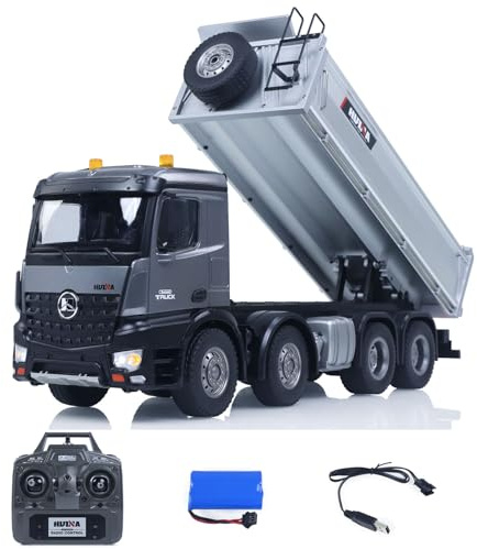 wheelfun HUINA – Camion benne télécommandée 1/14 12 canaux radiocommandé, modèle RTR, effets sonores, radio USB, câble de charge pour les loisirs à partir de 14 ans