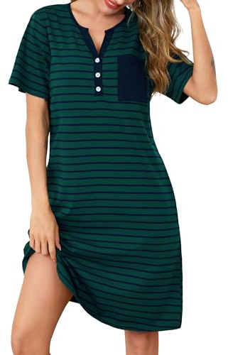 Lovasy Chemise de Nuit Coton Femme Été Chemise de Nuit Manches Courtes à Rayure Robe De Nuit Boutonnée Devant Tee Shirt de Nuit Femme Grande Taille avec Poches Latérales D-Vert foncé/Bleu Marine XL