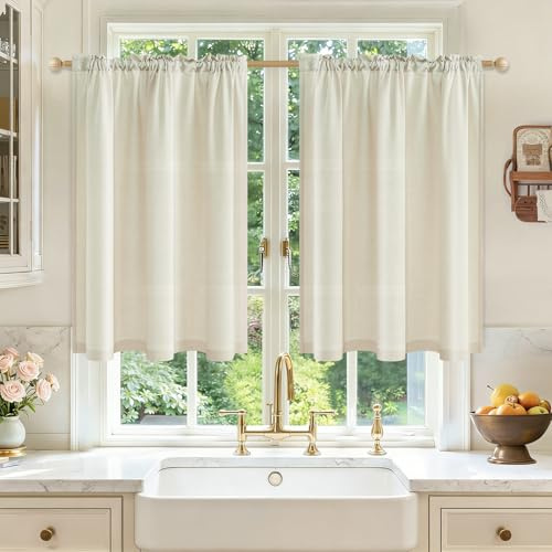 MRTREES Fönstergardiner beige linneutseende halvtransparent, köksgardiner, moderna fönstergardiner för kök, köksfönster, vardagsrum, lantlig stil, bistrogardin, set om 2 stycken H 90 x B 60 cm