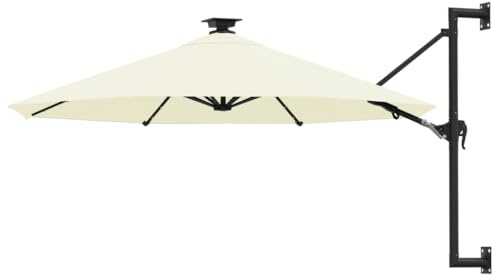 Parasol mural - 300 cm - Blanc sable - Avec système de manivelle de 28 LED - Fonction d'inclinaison - Protection UV - Pour terrasse, jardin, extérieur - Construction métallique robuste en tissu de