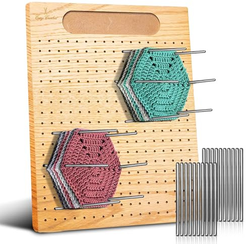 Easy Crochet – 11 x 9 Crochet Blocking Board for Knitting and Crochet – Wooden Blocking Mat with 306 Holes, 20 Stainless Steel Pins & Built-in Pin Holder – Travel-Friendly